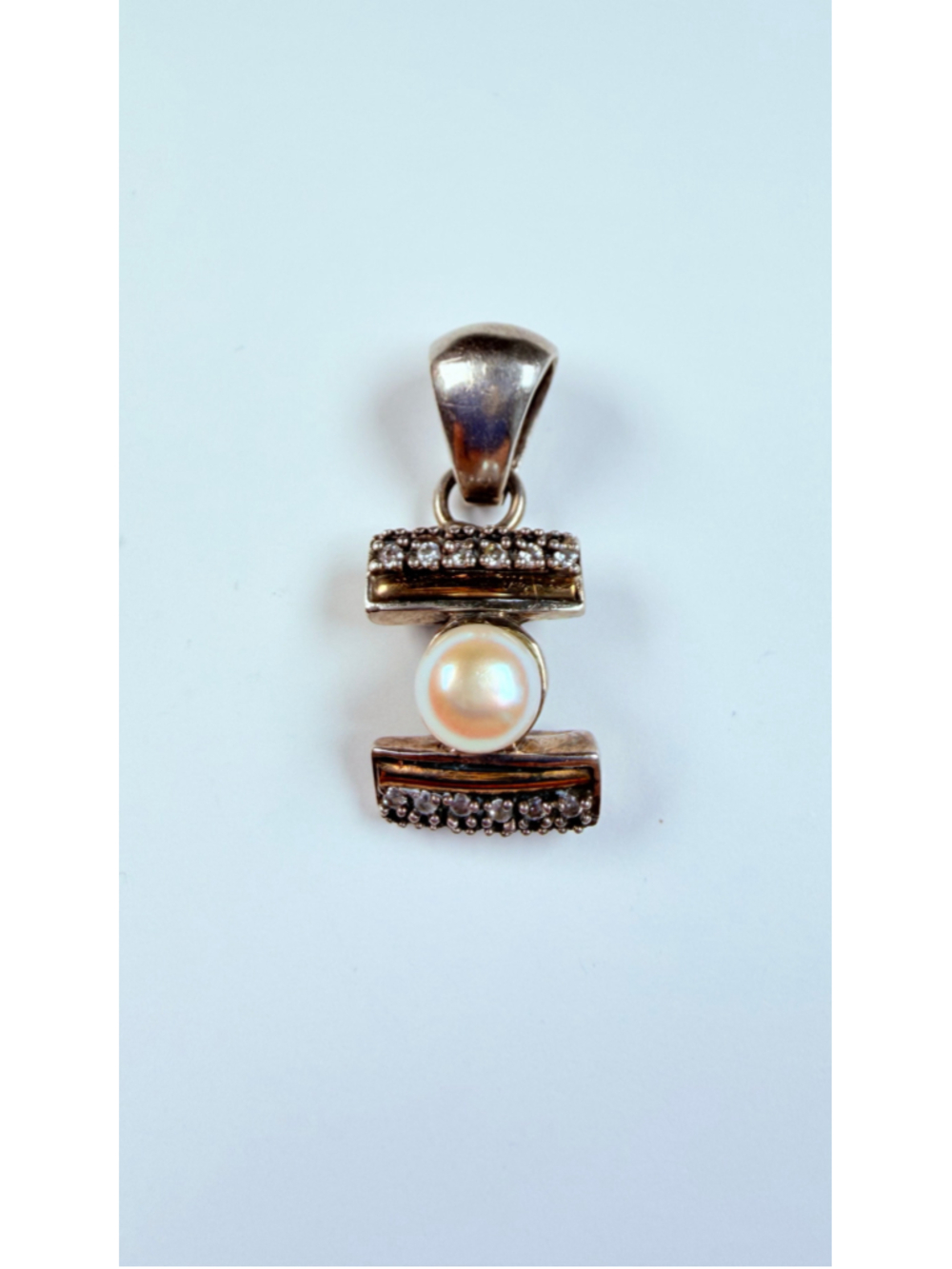 14K Gold Cultured Pearl & Cubic Zirconia CZ 925 Sterling Silver Vintage Pednant